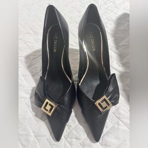 Black Leather Heels with Gold Accent